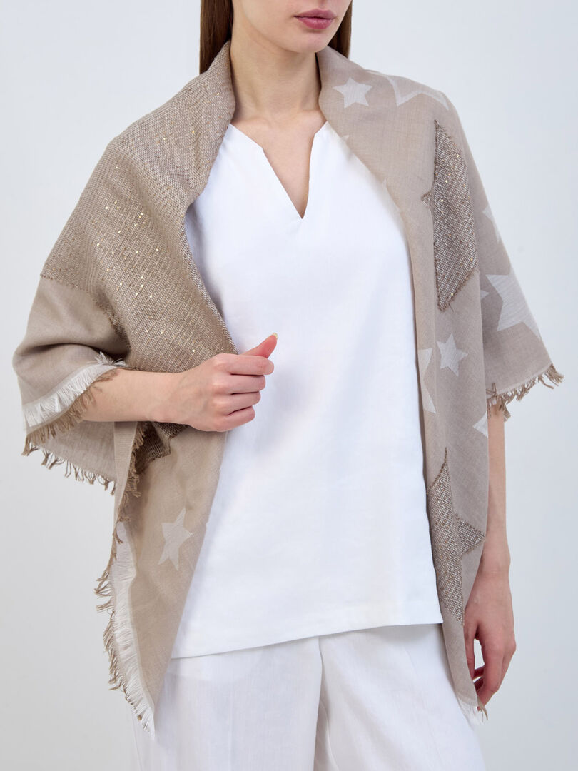 Хлопковый платок с вышитыми звездами, пайетками и бахромой LORENA ANTONIAZZ
